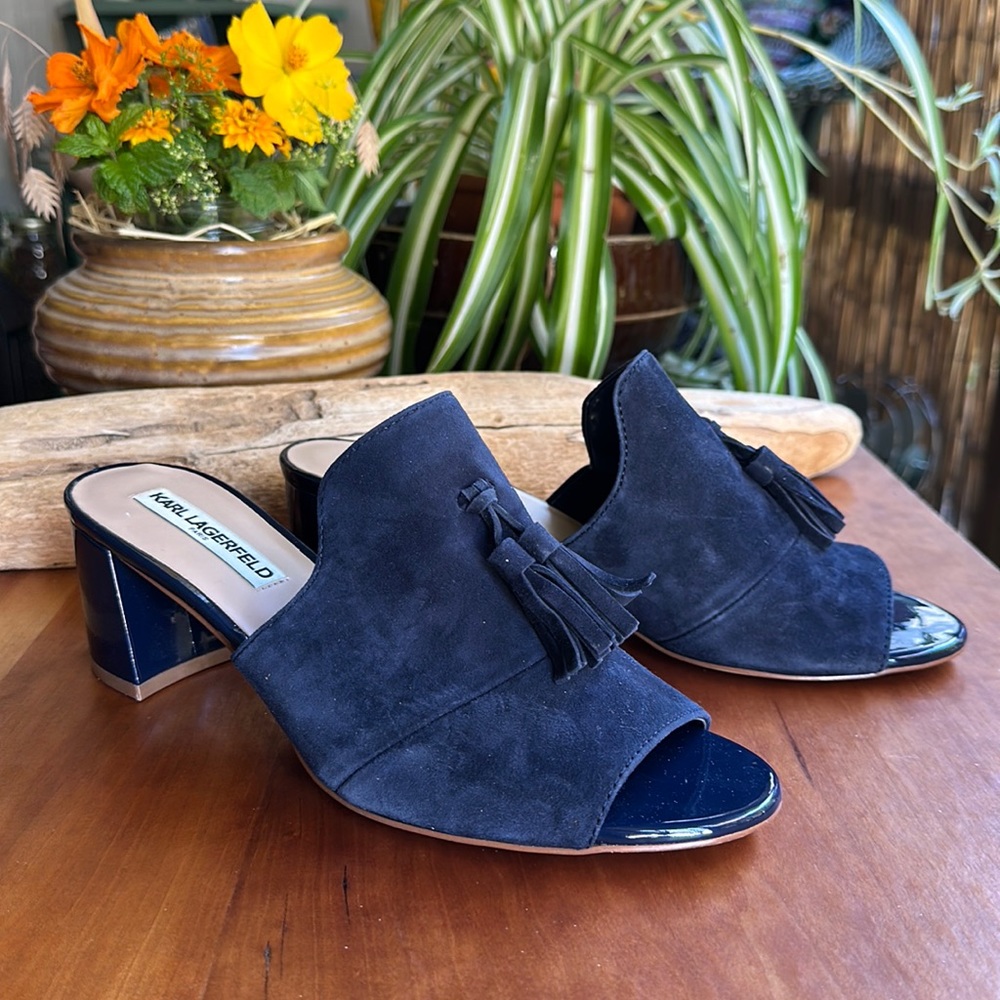 Karl Lagerfeld Navy Suede Tassel Block Heel Mules